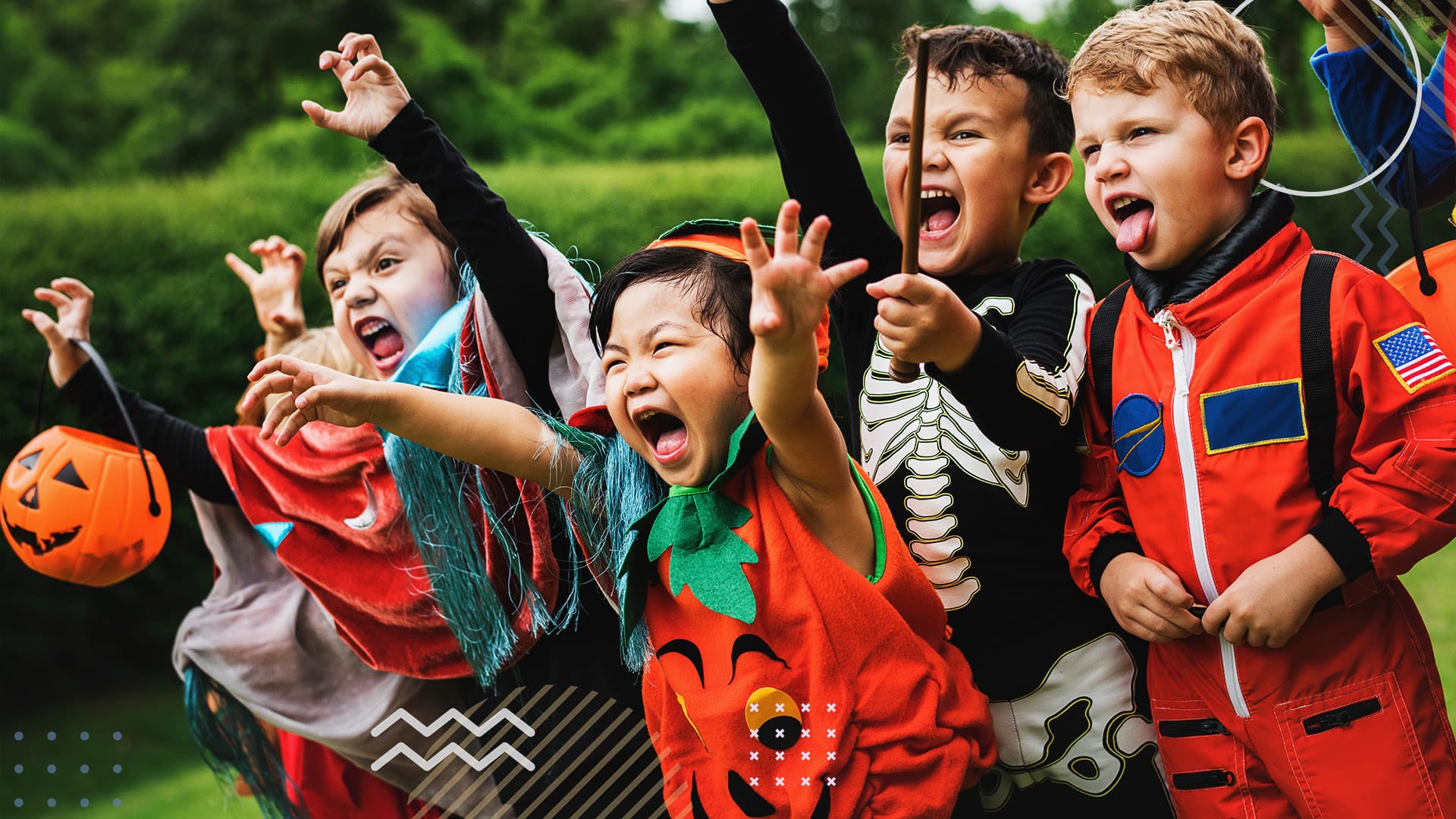 Children dressed up in Halloween costumes screaming