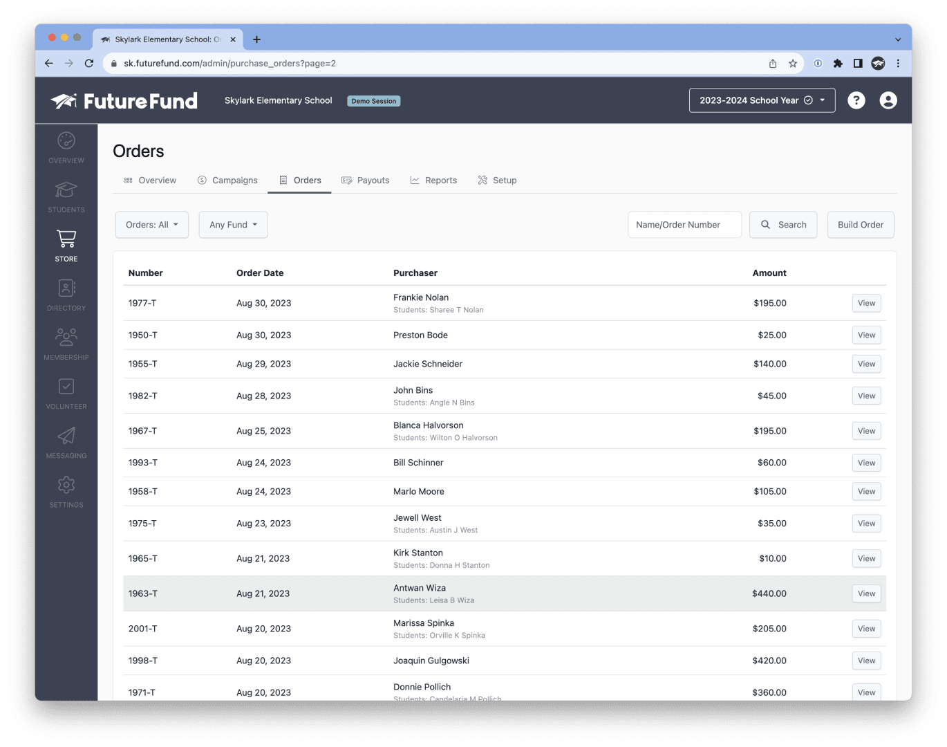 screenshot of admin orders screen