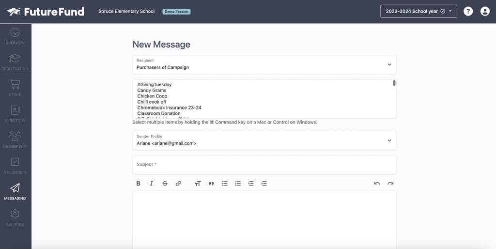 Creating new message using FutureFund's built-in messaging system
