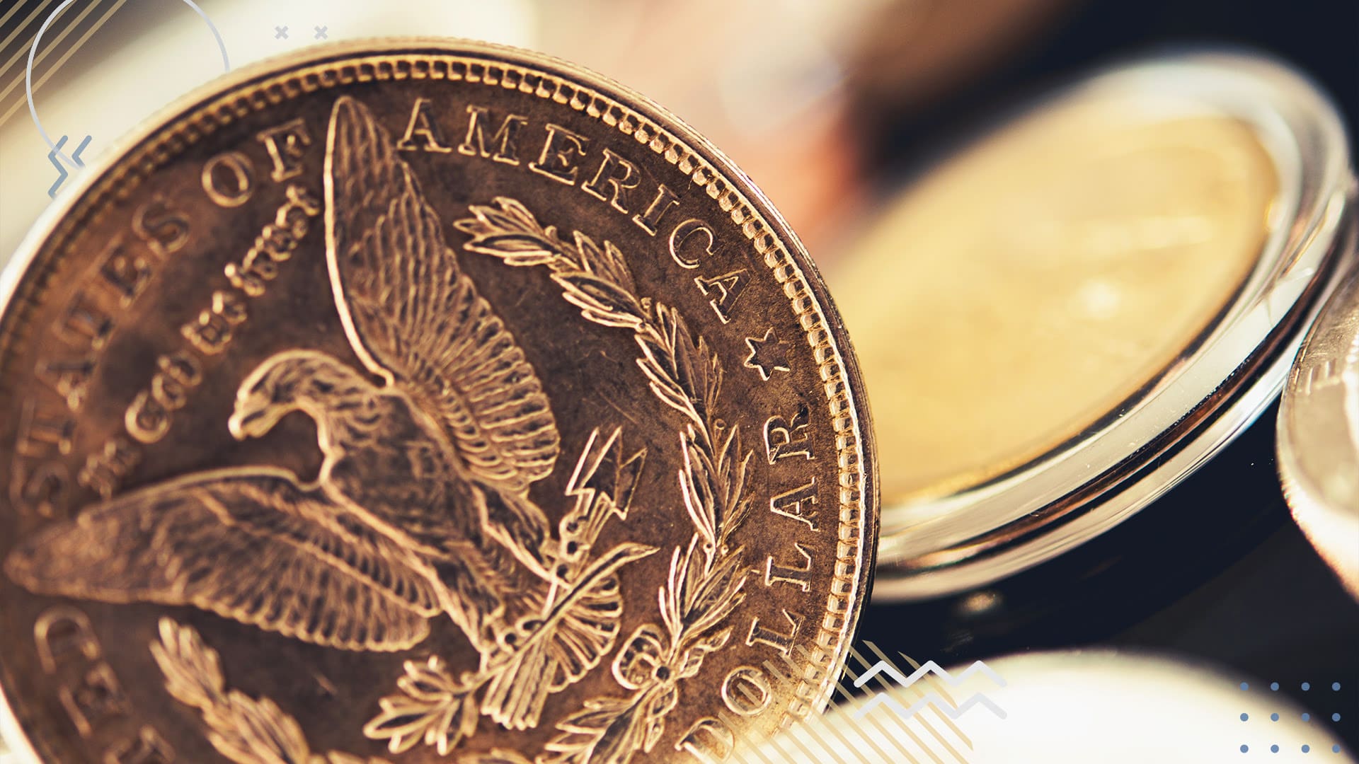 Close up of an American coin against a background of other coins