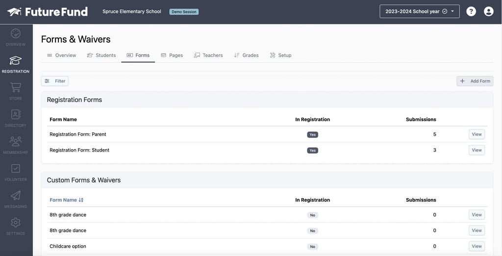 FutureFund forms and waivers interface